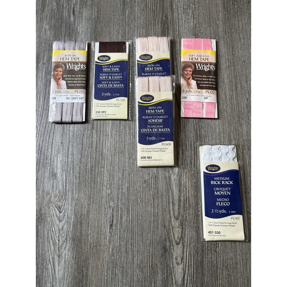 Wrights Hem Tape Rick Rack Bundle 6pk Iron On Soft Easy Grey Brown Pink White